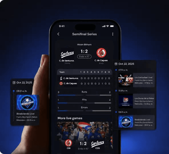 Hand holding a smartphone showing a live sports scores app, with two supporting notification cards alongside it