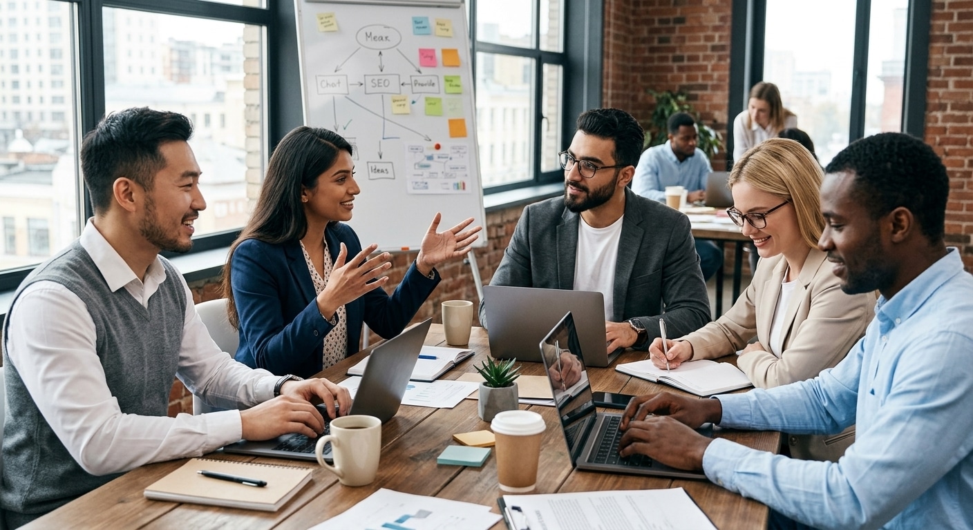 Involve team members collaborating around a laptop