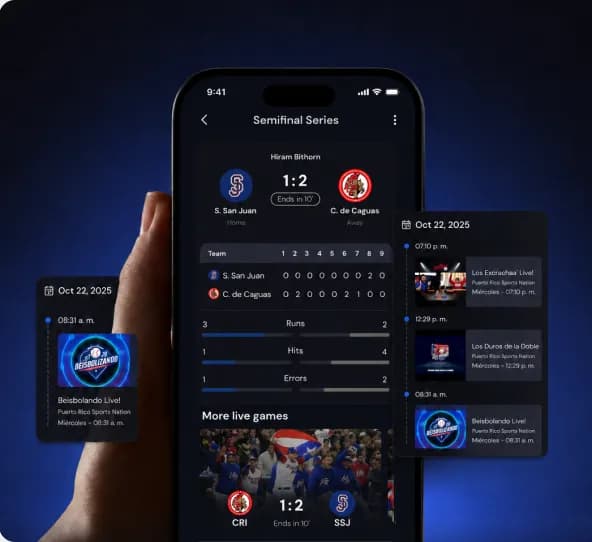Hand holding a smartphone showing a live sports scores app, with two supporting notification cards alongside it